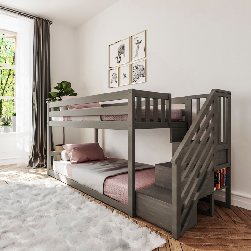 Low Bunk Bed with Stairs Cool Grey Finish Built-in Shelving