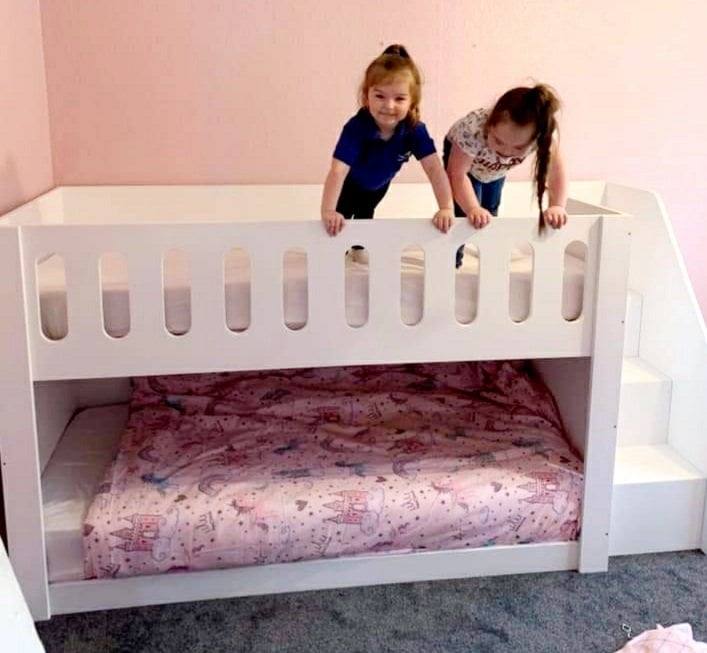Low Bunk Bed with Steps Clean Finish Oval Cutouts Safety Guardrail