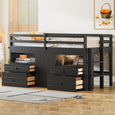 Low Loft Bed Charcoal Finish Storage Cabinet and Drawers