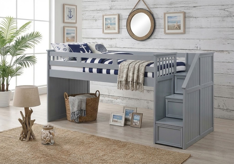 Low Loft Bed featuring Beadboard Panels and Storage Steps