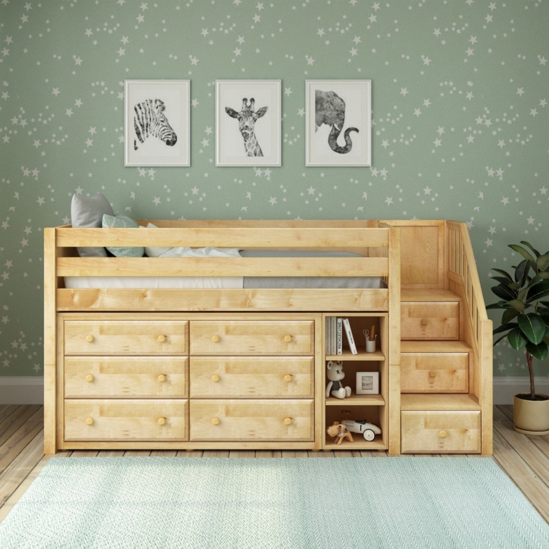 Low Loft Bed Staircase Storage Natural Wood Finish Integrated Dresser