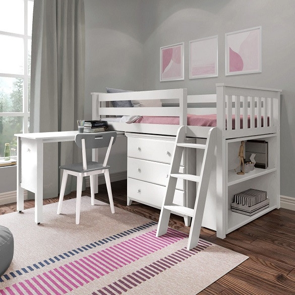 Low Loft Bed White Wood Desk Dresser Shelving