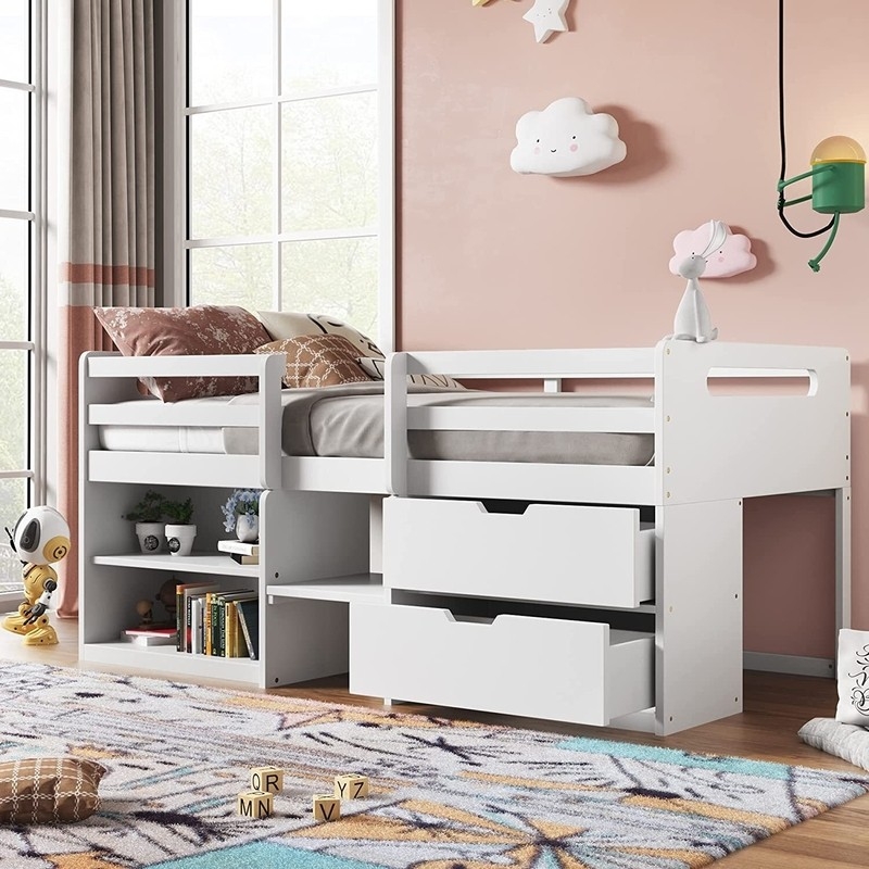 Low Loft Bed with Integrated Shelving and Drawers in Matte White