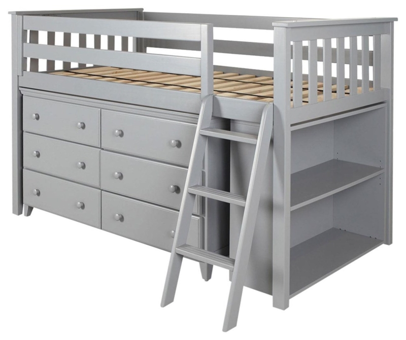 Low Loft Bed with Integrated Six Drawer Dresser in Cool Gray Finish