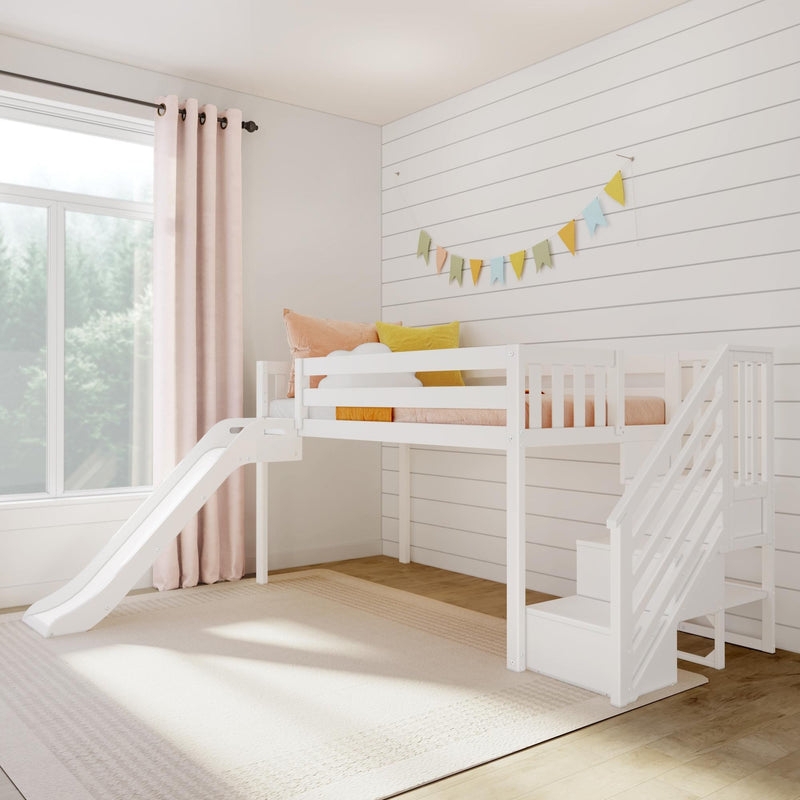 Low Loft Bed with Integrated Slide and Storage Stairs