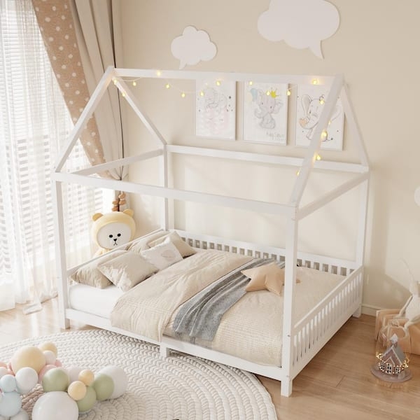 Low Platform House Bed, White Wood with Integrated Guardrail