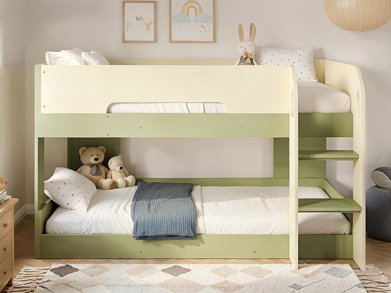 Low Profile Bunk Bed Sage Green Cream Floor Level Bottom Bunk