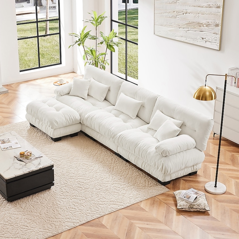 Low Profile Channel Tufted Sofa Beige Japandi Oversized Chaise