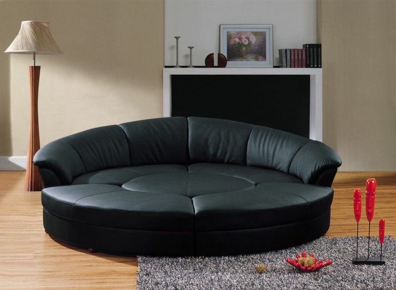 Low Profile Circular Sectional Sofa in Matte Black Leather