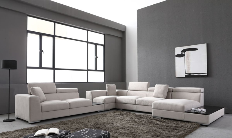 Low Profile Grey Microfiber Sectional with Adjustable Headrests and Integrated Tables