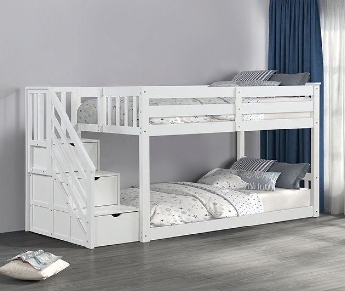 Low Profile Kids Bed Matte Finish Storage Staircase Transitional
