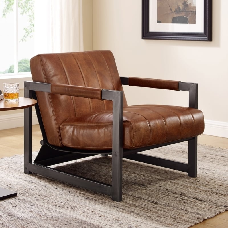 Low Profile Lounge Chair with Leather Wrapped Arms