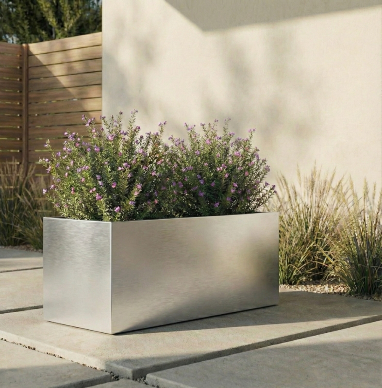 Low Profile Rectangular Planter Brushed Silver Metal Trough