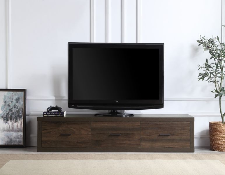 Low Profile Walnut Tv Stand with Three Drawers and Horizontal Pulls