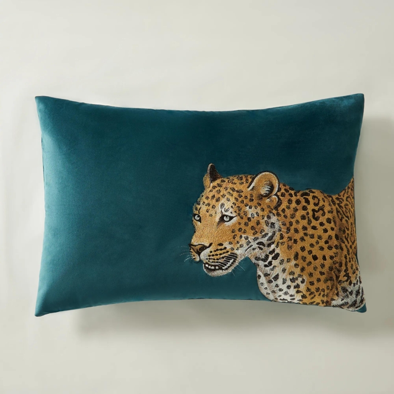 Lumbar Pillow, Teal Velvet Embroidered Leopard Eclectic Glam