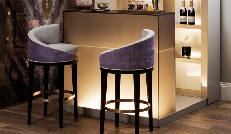 Luxury Bar Stool featuring Brass Footrest Ring and Curved Back
