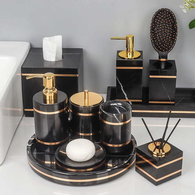 Luxury Bathroom Set Charcoal Black Stone Gold Inlay Bands Marble