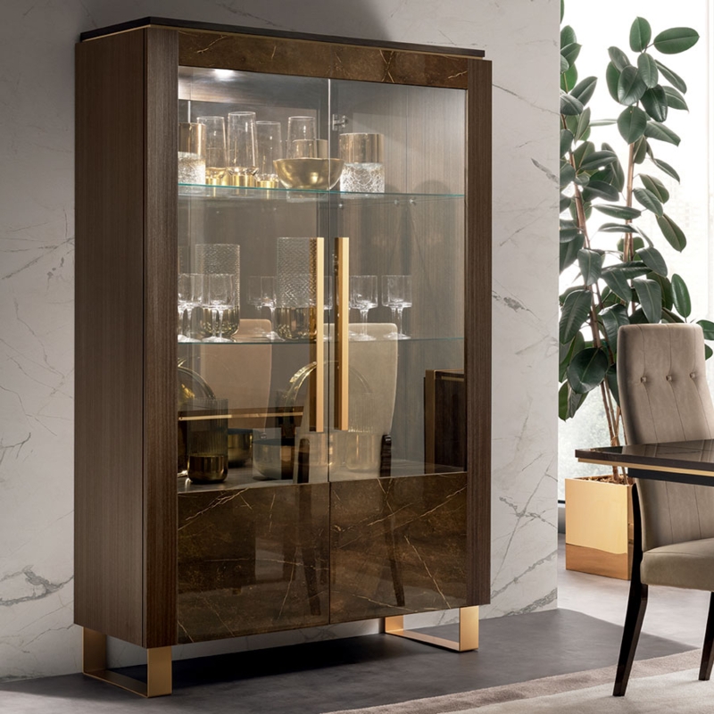 Luxury Curio Cabinet with Walnut Finish and U-Shaped Metal Base