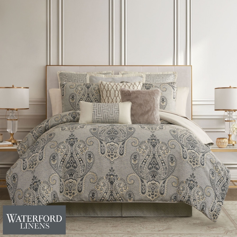 Luxury Damask Comforter Set: Gray Paisley Pattern with Greek Key Accents