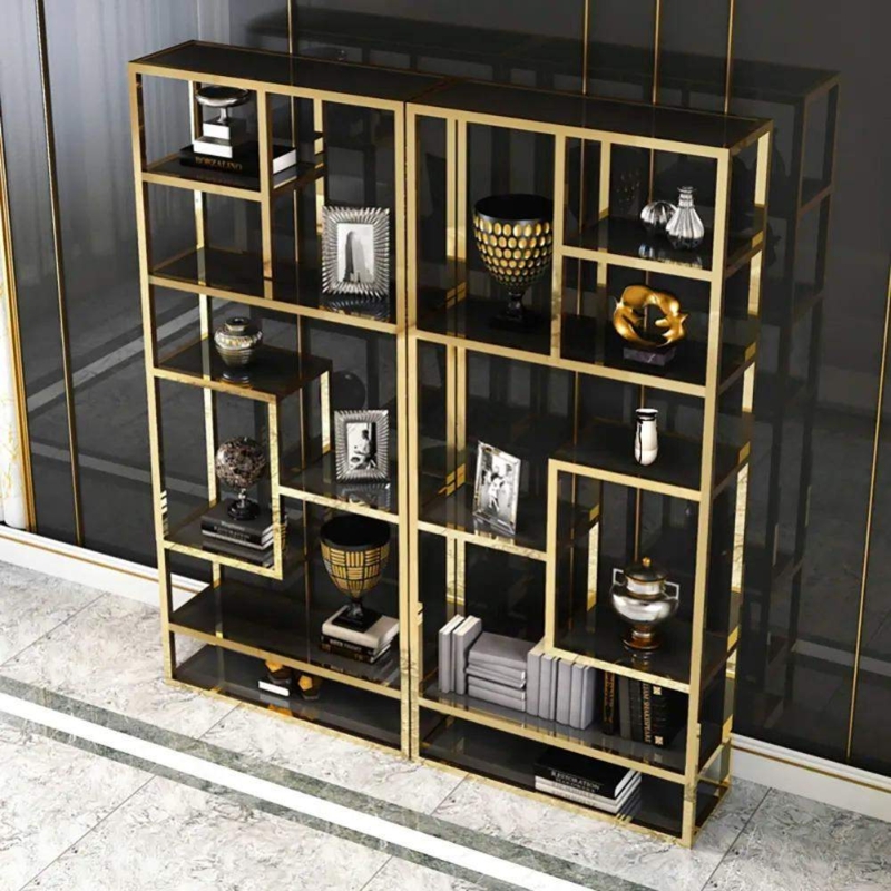 Luxury Display Bookshelf: Metallic Frame with Glossy Black Shelves