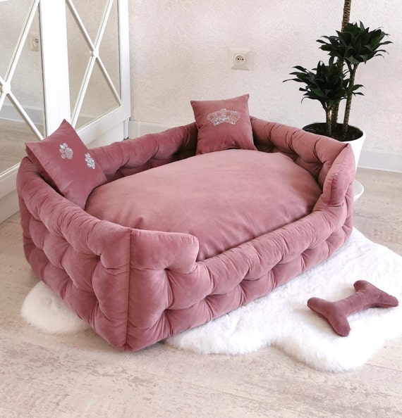 Luxury Dog Bed Crown Embroidery Dusty Rose Velvet Tufted Glam Chic