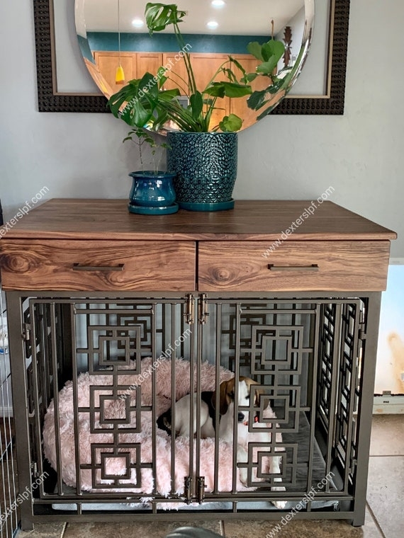 Luxury Dog Crate Furniture Geometric Fretwork Dual Drawers Walnut Tone