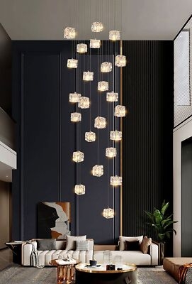 Luxury Double-Height Lighting Cascade with Warm Amber Glass Cubes