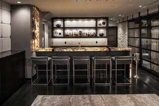 Luxury Home Bar Backlit Stone Countertop Matte Black Cabinetry