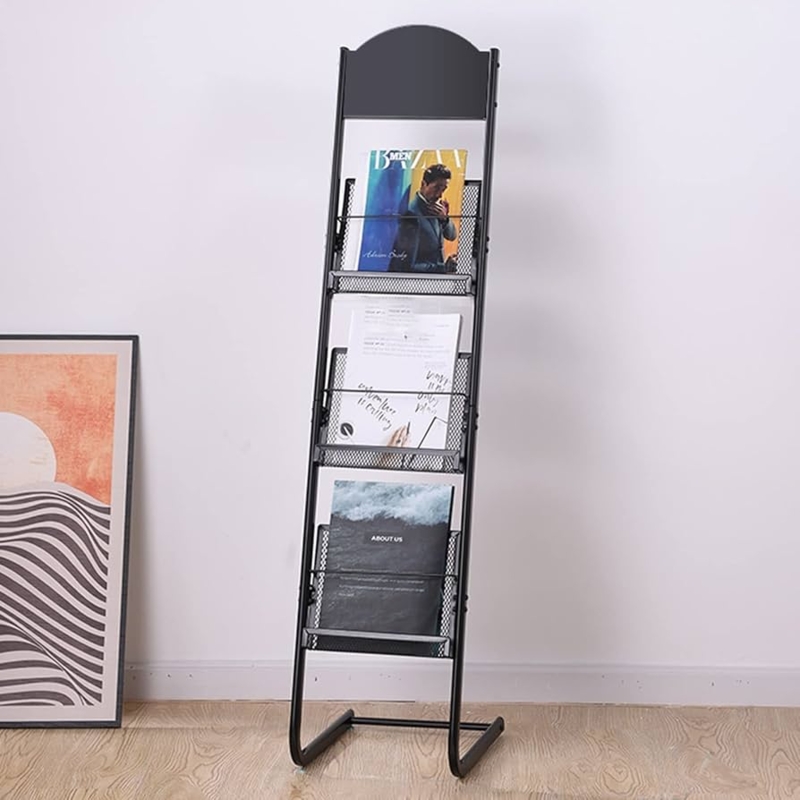 Magazine Rack with Narrow Profile, Matte Black Mesh Floor Stand