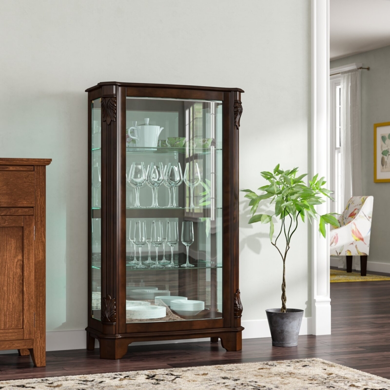 Mahogany Curio Cabinet with Mirrored Back and Carved Corner Accents