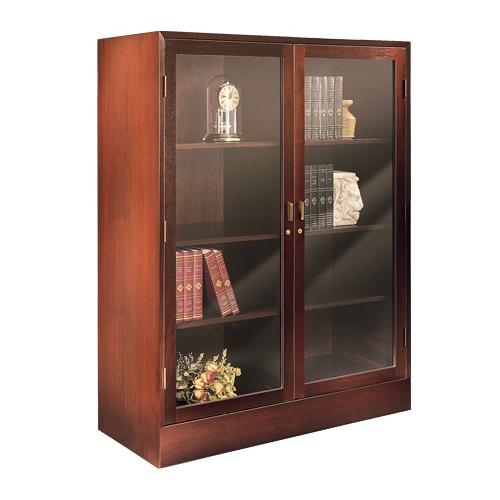 Mahogany Wood Library Bookcase with Glass Doors and Brass Locks