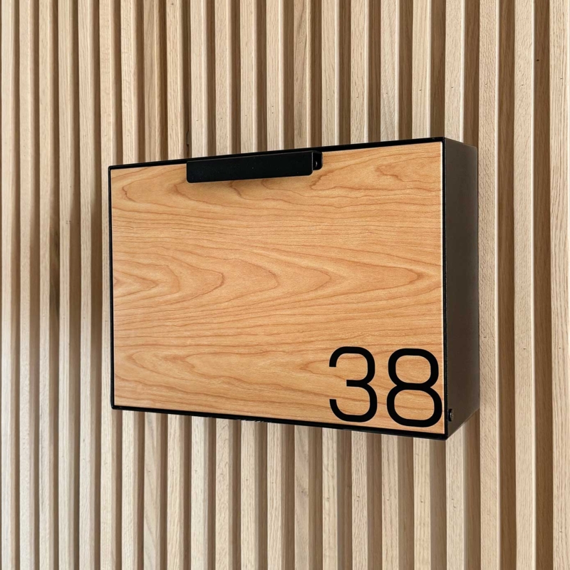 Mailbox: Wood Front Contrast with Matte Black Frame, House Number.