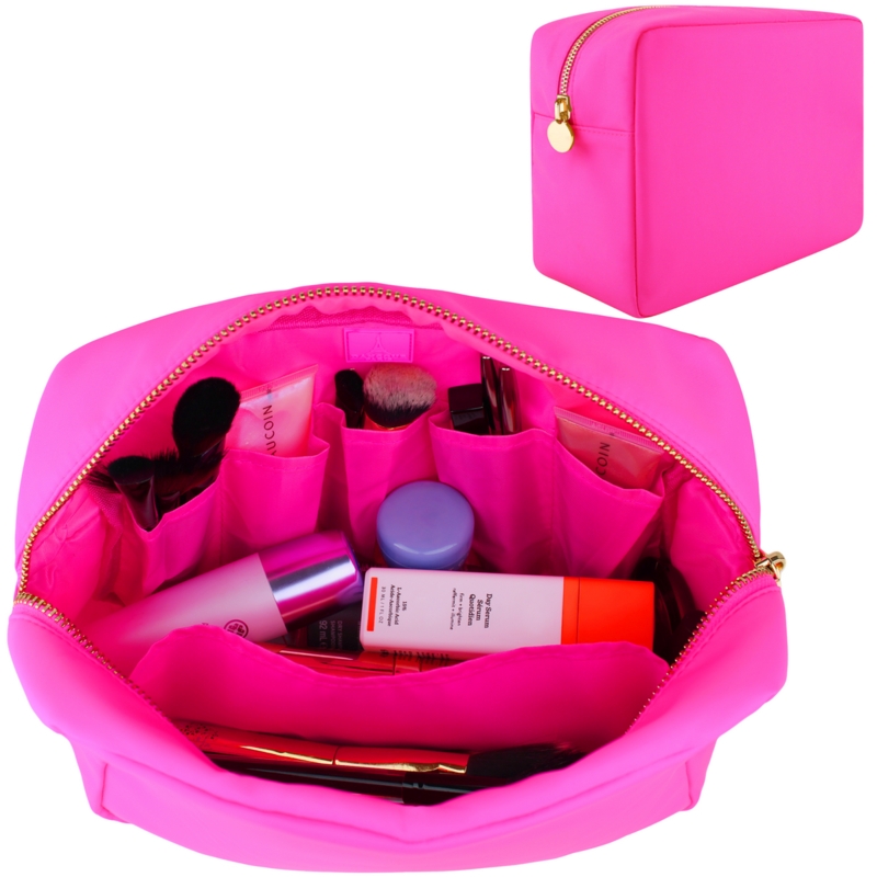 Makeup Bag, Hot Pink Boxy Silhouette Gold Toned Hardware Case