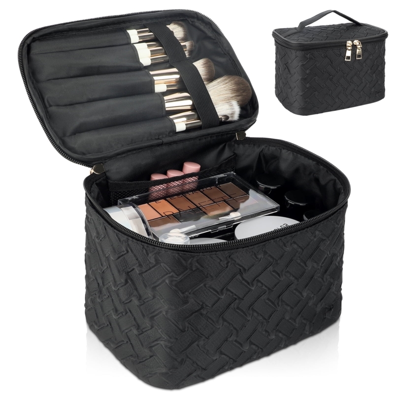 Makeup Bag, Matte Black Basketweave Brush Organizer Case