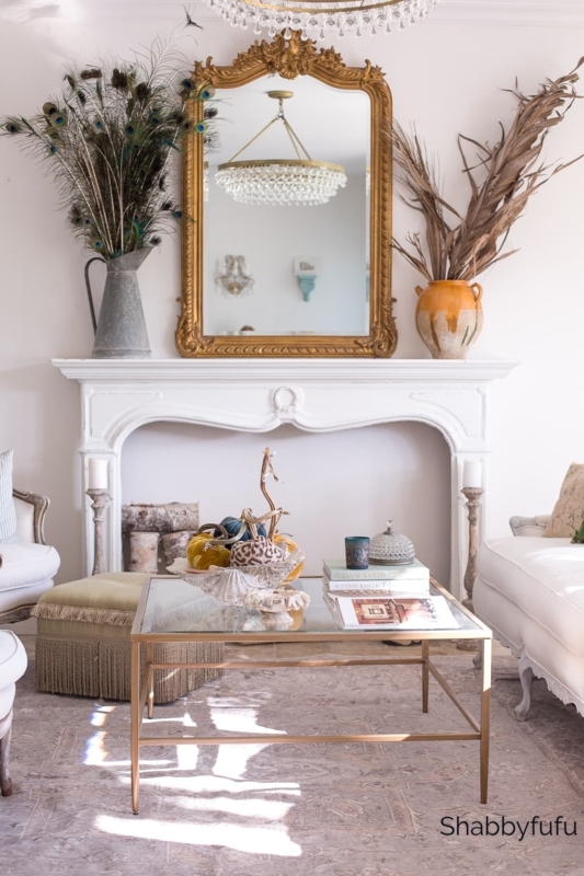 Mantel Surround: Gilded Arched Mirror and Velvet Pumpkin Centerpieces