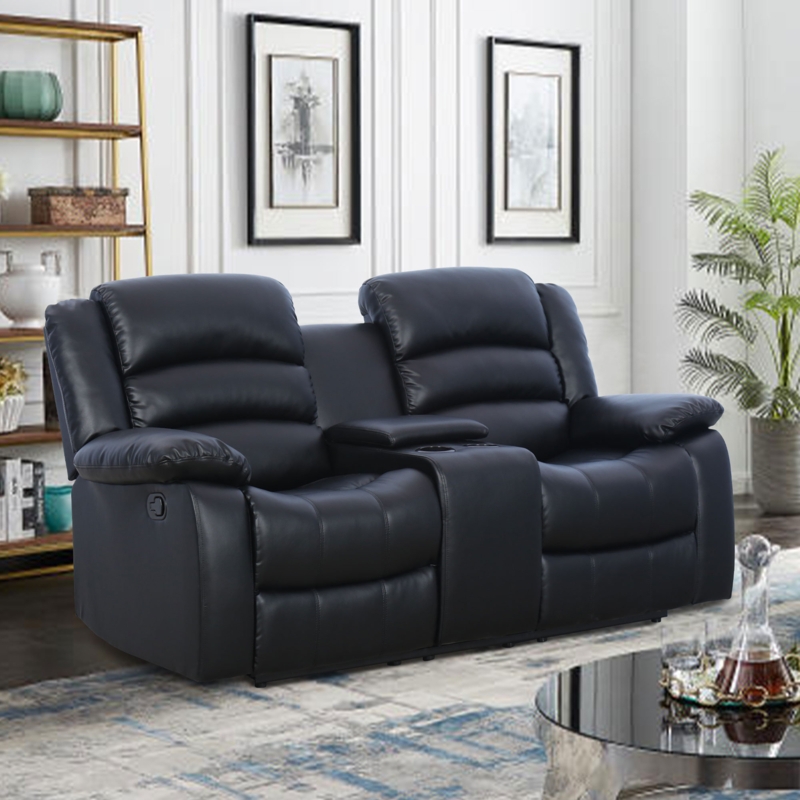Manual Reclining Loveseat Black Leather Overstuffed with Console