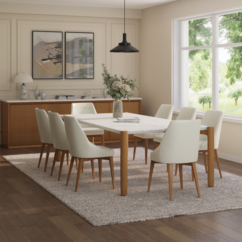 Marbled Stone Dining Set with Thick Cylindrical Teak Wood Legs