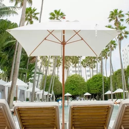 Market Umbrella Wooden Ribs, Square White Canopy, Heavy Duty Frame.