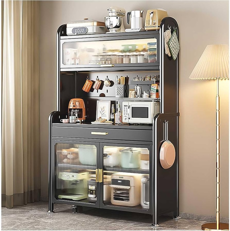 Matte Black Bakers Rack with Reeded Glass & Pegboard Back