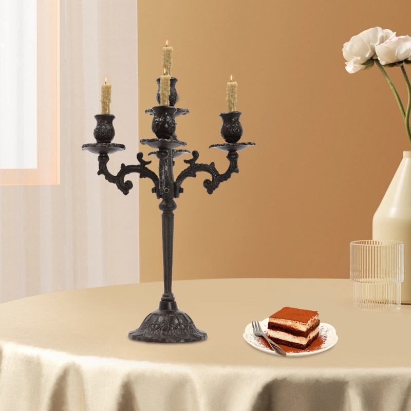 Matte Black Candelabra with Ornate Scrollwork in Gothic Revival Style
