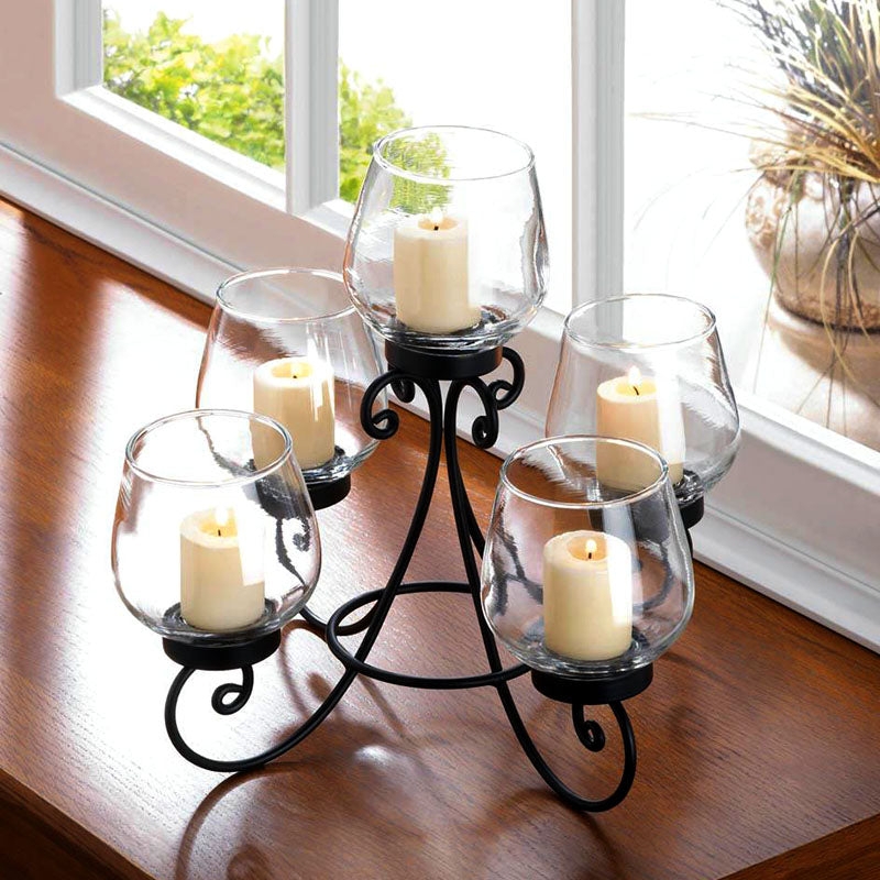 Matte Black Candle Centerpiece with Five Tiered Glass Votive Holders