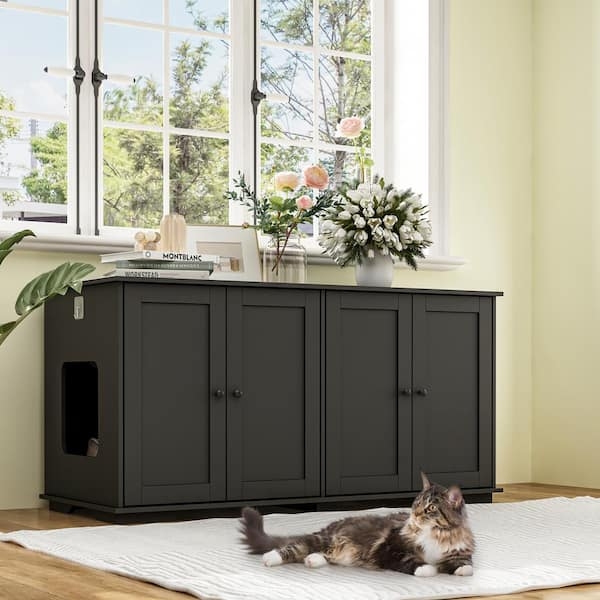 Matte Black Cat Litter Enclosure Shaker Doors Large Console Surface