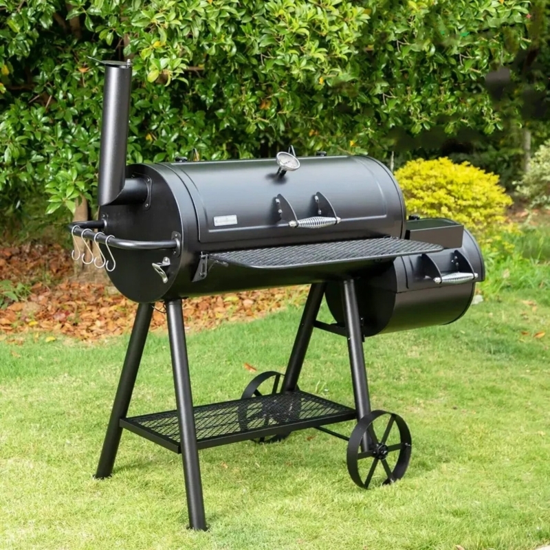 Matte Black Charcoal Smoker with Offset Firebox and Wagon Wheels