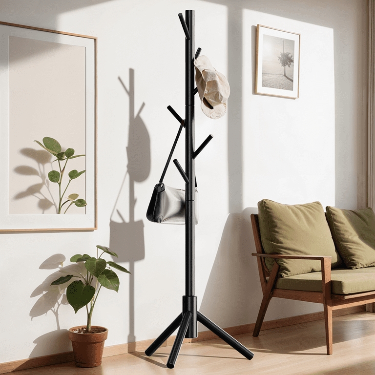 Matte Black Coat Tree: Scandi Style with Tripod Base & Staggered Hooks