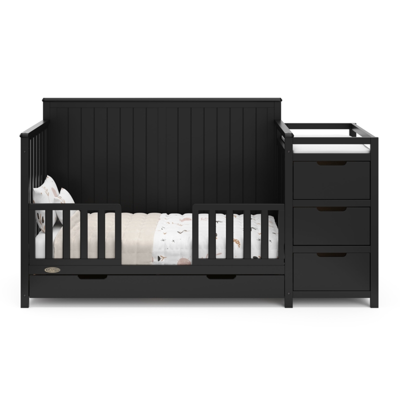 Matte Black Crib with Attached Changing Table and Shiplap Back Panel
