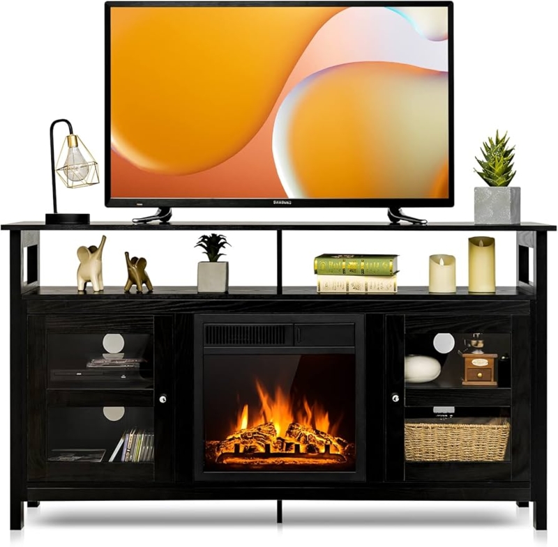 Matte Black Fireplace TV Stand with Wood Grain and Glass Storage