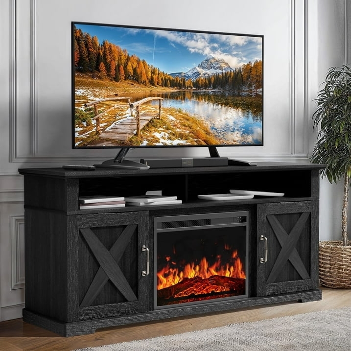 Matte Black Fireplace TV Stand with Wood Grain and X-Frame Doors