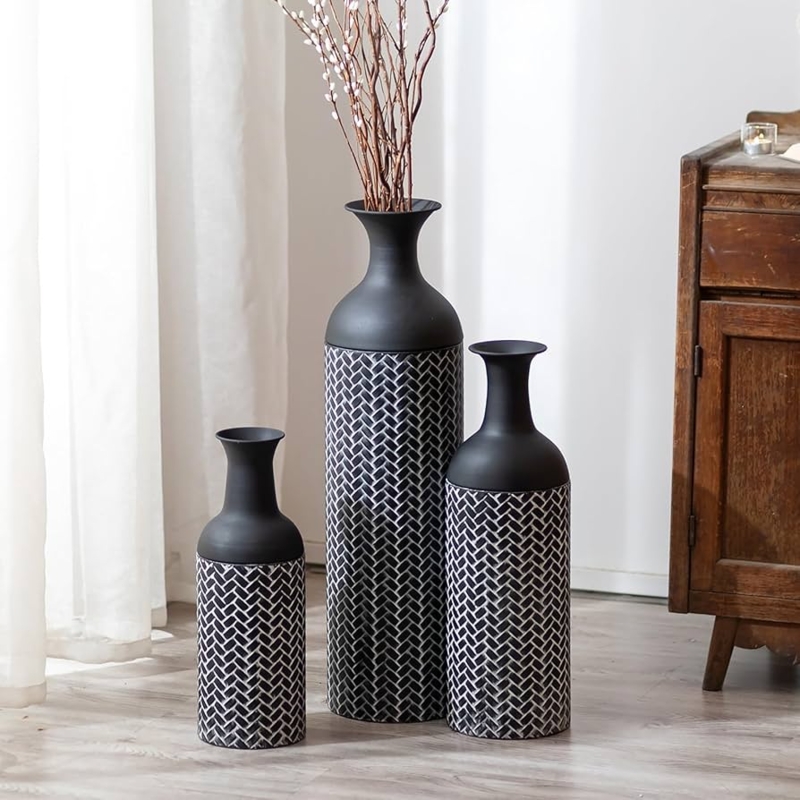 Matte Black Floor Vases Set Herringbone Pattern Oversized Scale Farmhouse