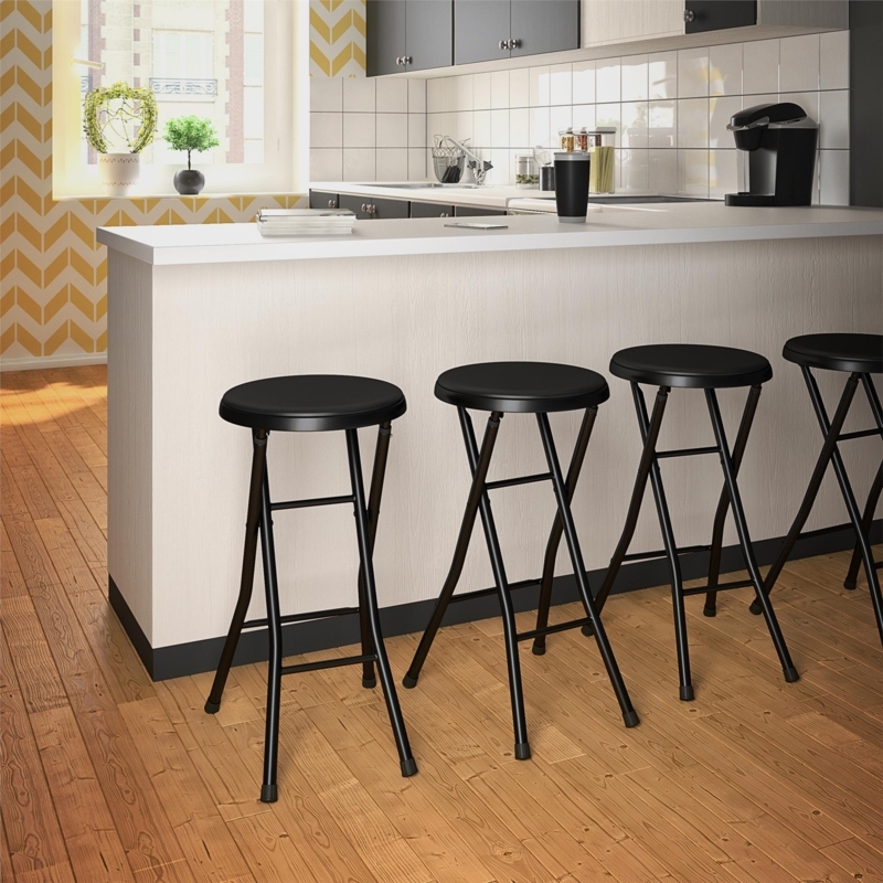 Matte Black Folding Bar Stool Padded Vinyl X-Frame Seat