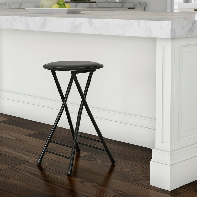 Matte Black Folding Metal Bar Stool Round Padded Seat X-Base
